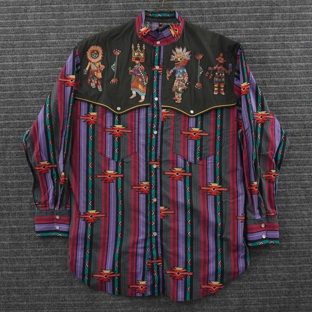 Vintage 80s Western Shirt Mens L Multicolor Kachina Embroidered Snap Button - Picture 2 of 9
